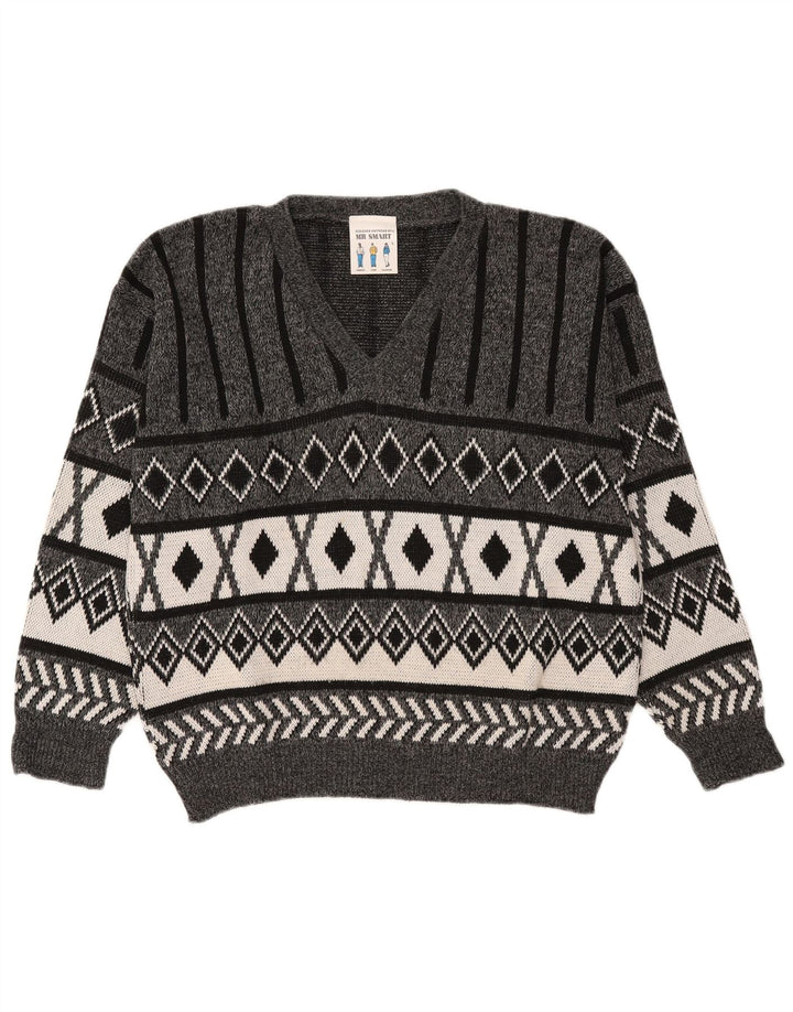 Vintage Herren Pullover mit V-Ausschnitt, groß, grau, Argyle/Diamant-Acryl