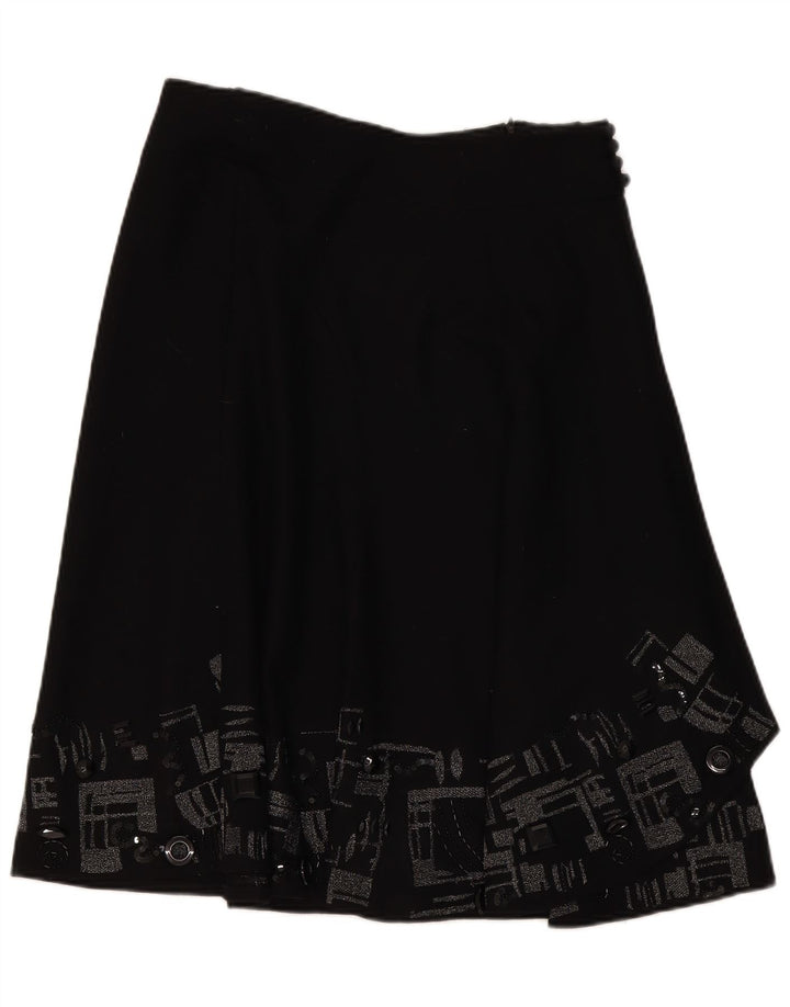 Monsoon Damen A-Linien-Rock UK 12 Medium W32 Schwarze geometrische Wolle