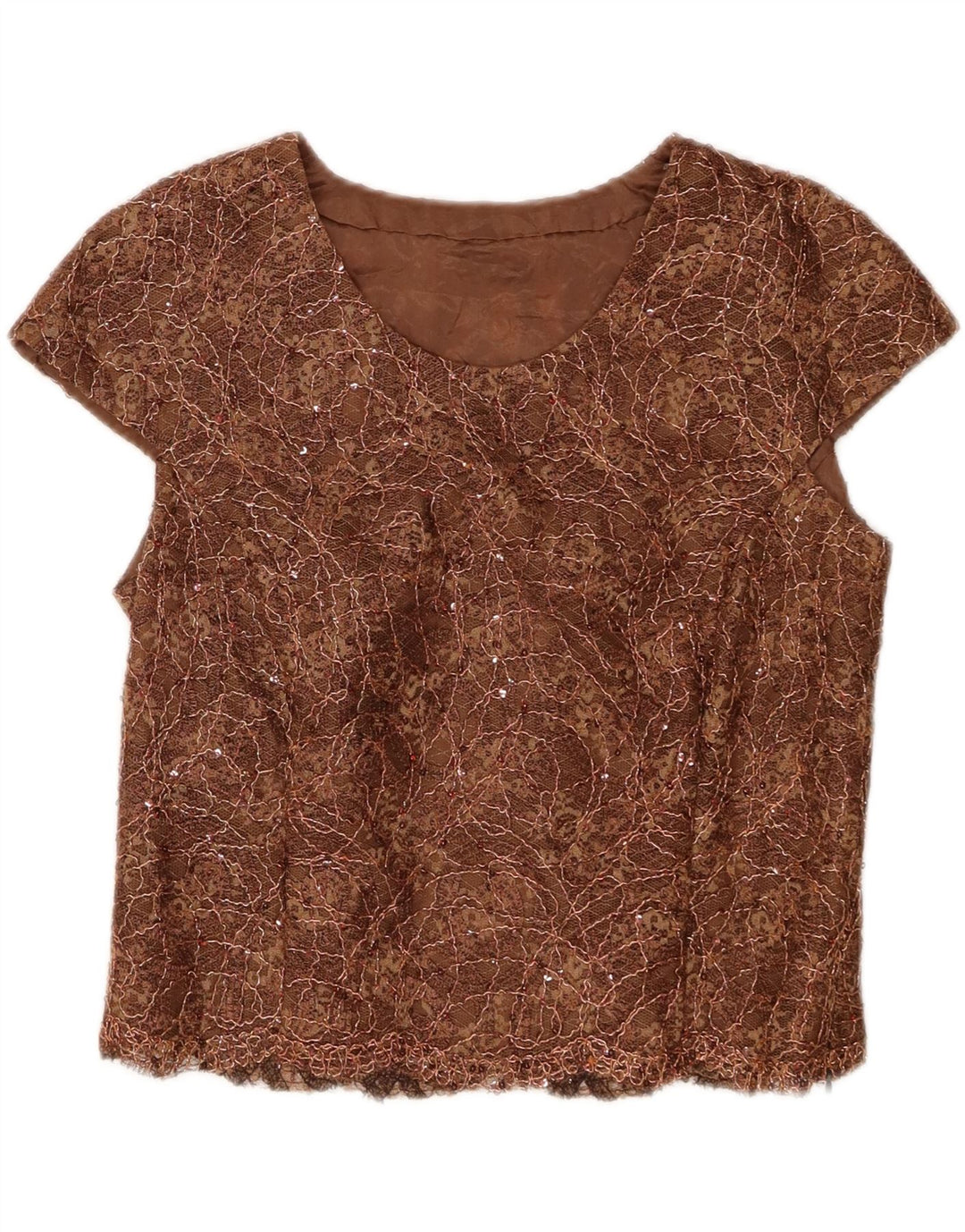 VINTAGE Womens Abstract Pattern Crop Blouse Top UK 14 Medium Brown Vintage Vintage and Second-Hand Vintage from Messina Hembry 
