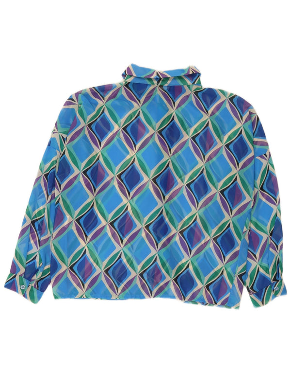 Vintage Damen 3/4-Ärmel-Hemdbluse UK 16 Großes blaues geometrisches Polyester