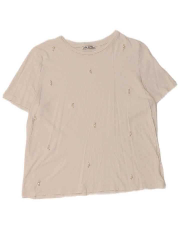 Zara Damen T-Shirt Top UK 18 XL Weiß gepunktet