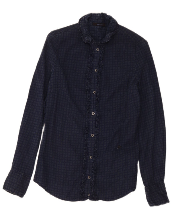 Gas Womens Ruffle Front Shirt UK 2 2XS Marineblau gepunktete Baumwolle