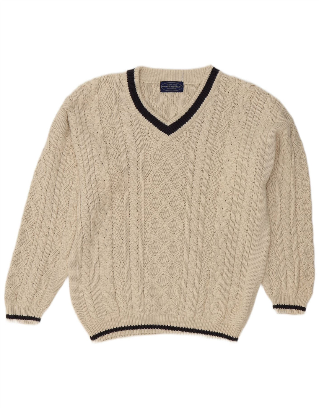 Cotton Republic Herren-Pullover mit V-Ausschnitt, Mittelgroße, cremefarbene Baumwolle