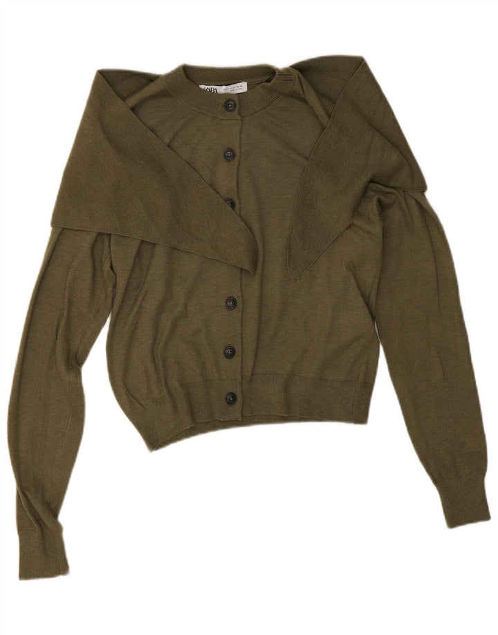 Zara Damen Crop Cardigan Pullover UK 10 Small Khaki Polyamid
