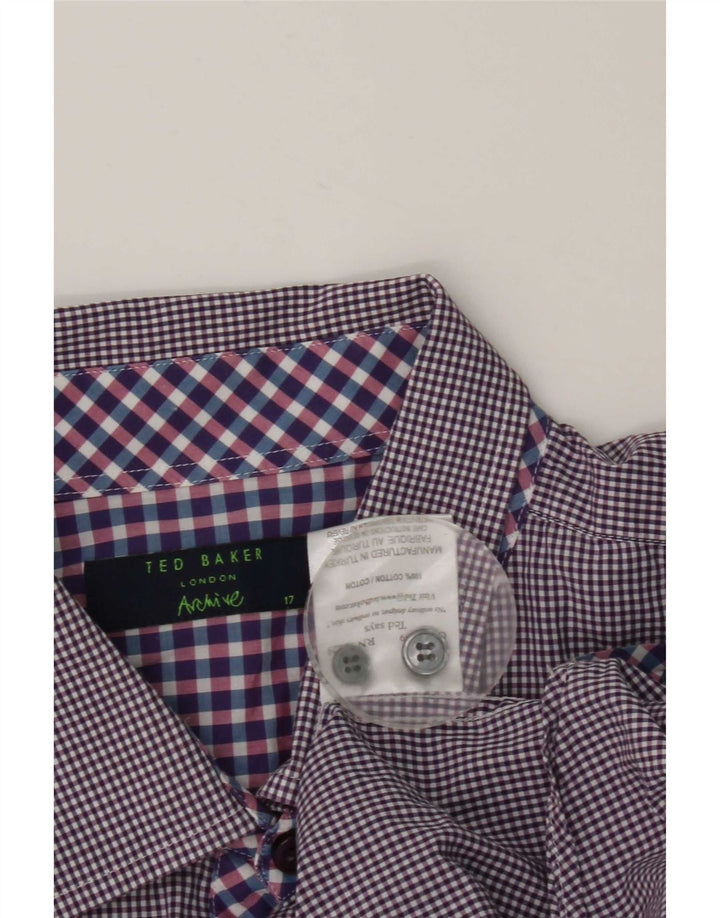 Ted Baker formelles Herrenhemd, Größe 17, groß, lila Gingham-Baumwolle
