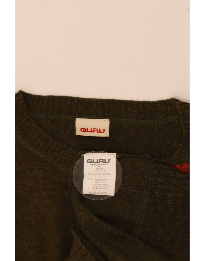 Guru Herren-Pullover mit grafischem Rundhalsausschnitt, mittlerer Khaki-Wolle