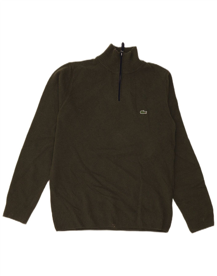 Lacoste Herren-Pullover mit Reißverschluss am Hals, Größe 4, mittlere Khaki-Schurwolle