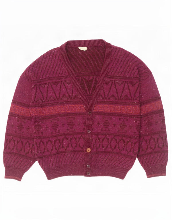 Vintage Herren Cardigan Pullover UK 46 XL Burgunderrote geometrische Wolle