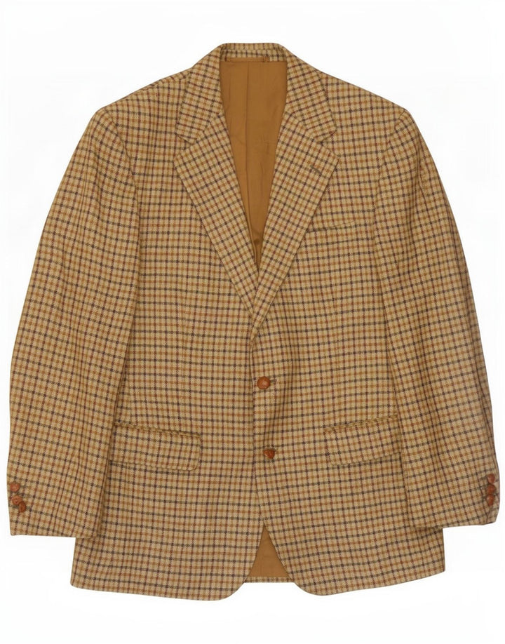 Vintage Herren 2-Knopf-Blazerjacke IT 50 Große beige Gingham-Schurwolle
