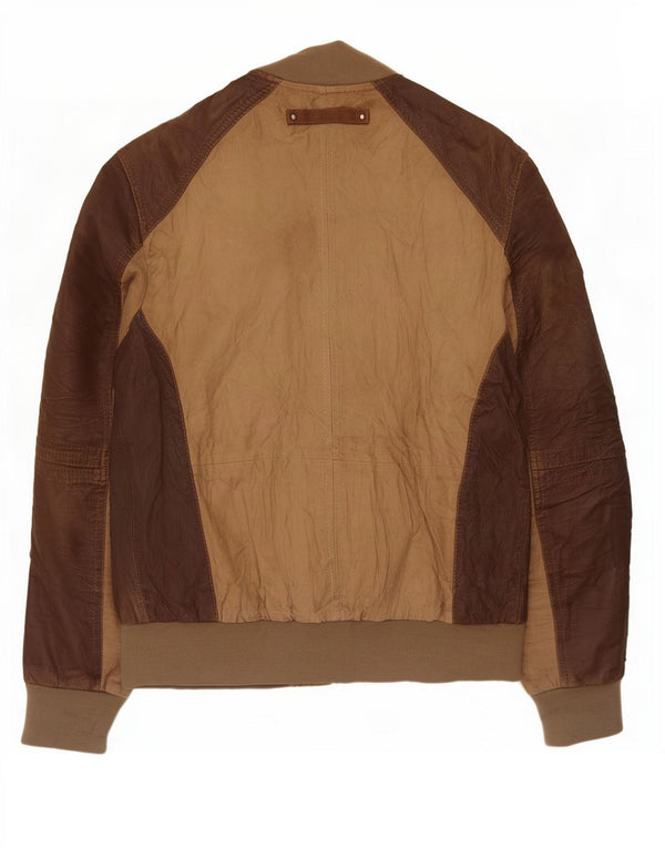 OVS Damen Lederjacke IT 48 Mittelbraun Farbblock