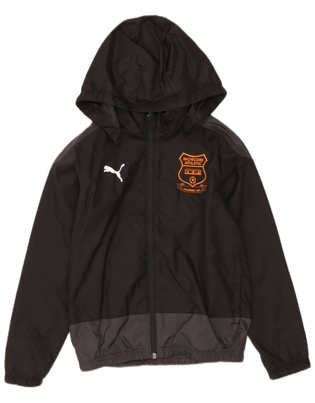 PUMA Mädchen-Regenjacke mit grafischer Kapuze, 7–8 Jahre, schwarzes Colourblock-Nylon