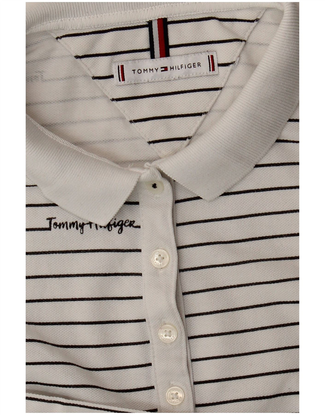 TOMMY HILFIGER Damen Grafik-Poloshirt UK 14 Mittelweiß gestreift