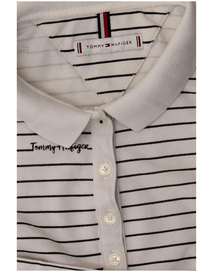 TOMMY HILFIGER Damen Grafik-Poloshirt UK 14 Mittelweiß gestreift