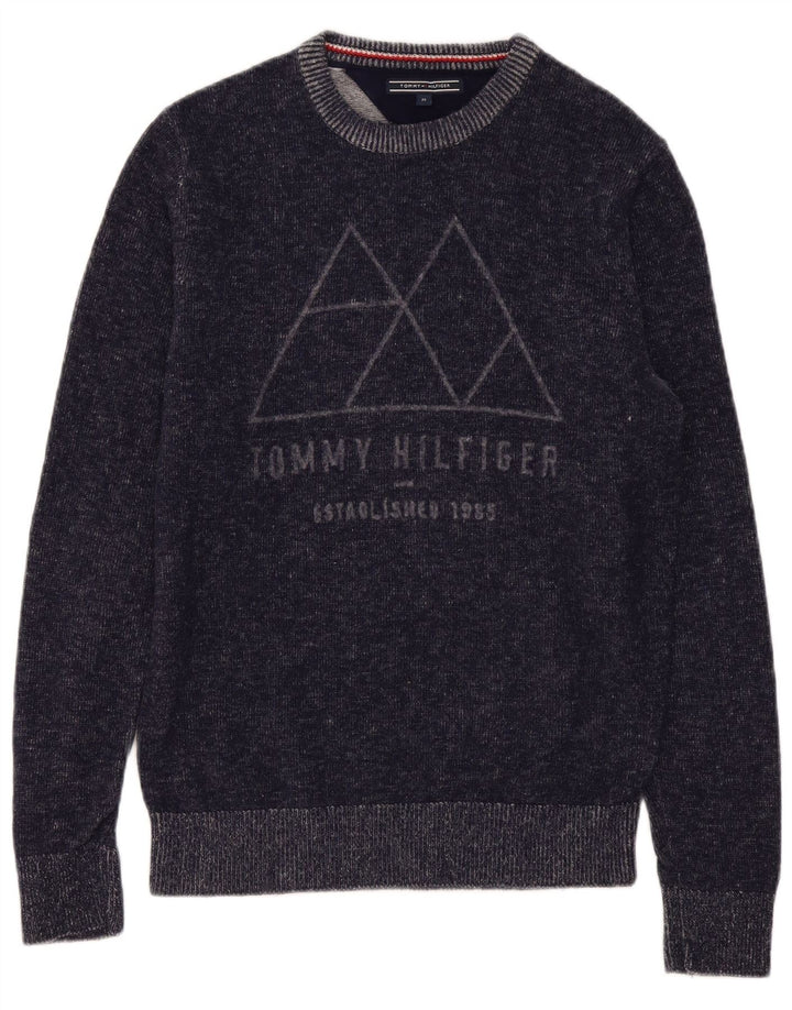 Tommy Hilfiger Herren-Pullover mit grafischem Rundhalsausschnitt, mittelmarineblaue Wolle