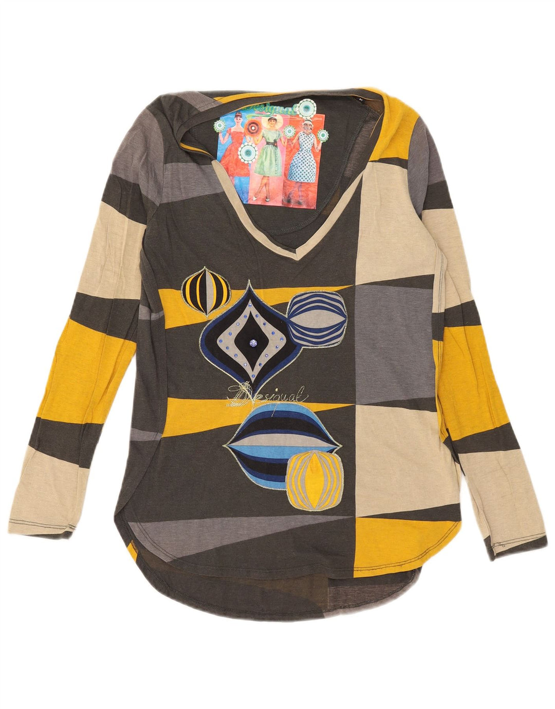 Desigual Damen Graphic Top Langarm UK 14 Medium Mehrfarbig
