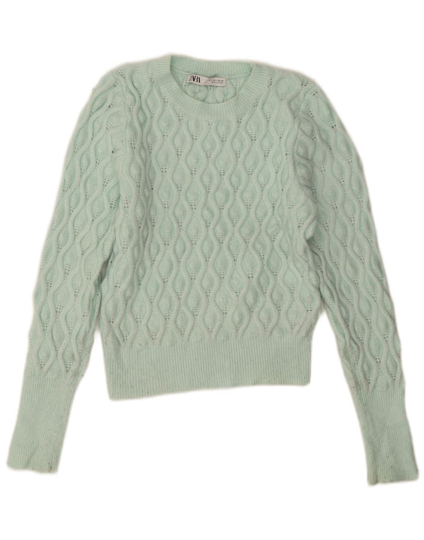 Zara Damen Crop Crew Neck Pullover Pullover UK 14 Large Türkis Nylon