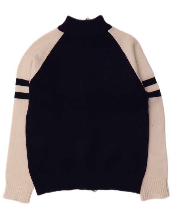 VINTAGE Grafischer Damen-Cardigan-Pullover UK 14 Medium Navy Blue Colourblock