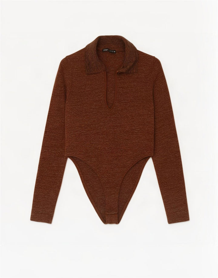Langärmeliger Damen-Body von Zara, Gr. 8, klein, braun geflecktes Polyester