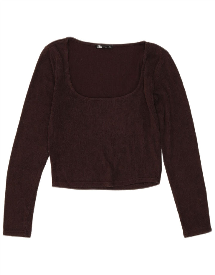 Zara Damen Crop Top Langarm UK 12 Mittelbraun Polyester