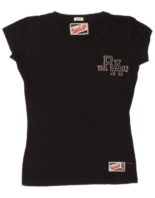 Russell Athletic Damen Grafik-T-Shirt-Oberteil UK 14 Medium Schwarz