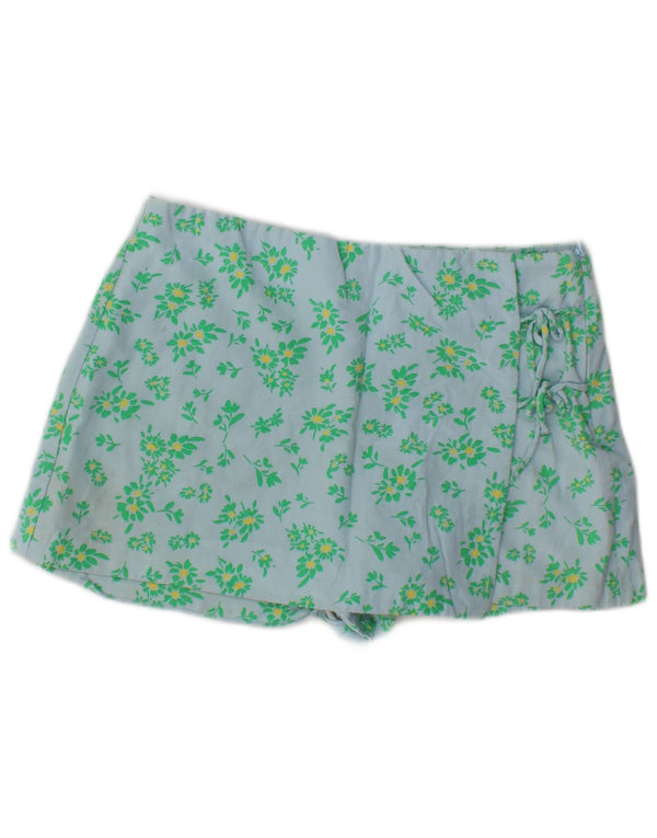 Zara Damen Hotpants Large W30 Viskose mit blauem Blumenmuster