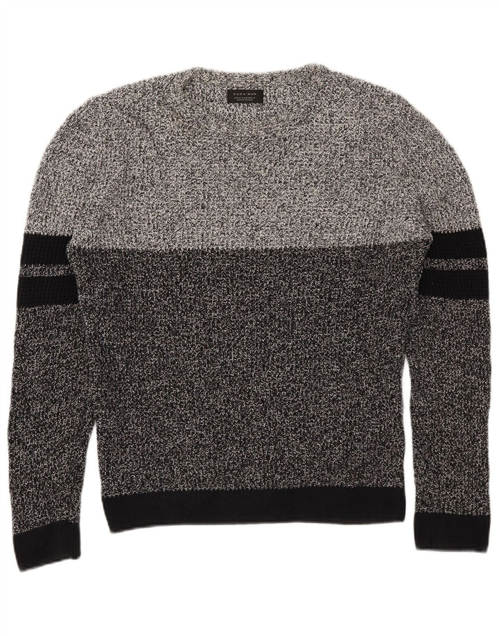 Zara Herren-Pullover mit Rundhalsausschnitt, mittelgraue Colourblock-Baumwolle
