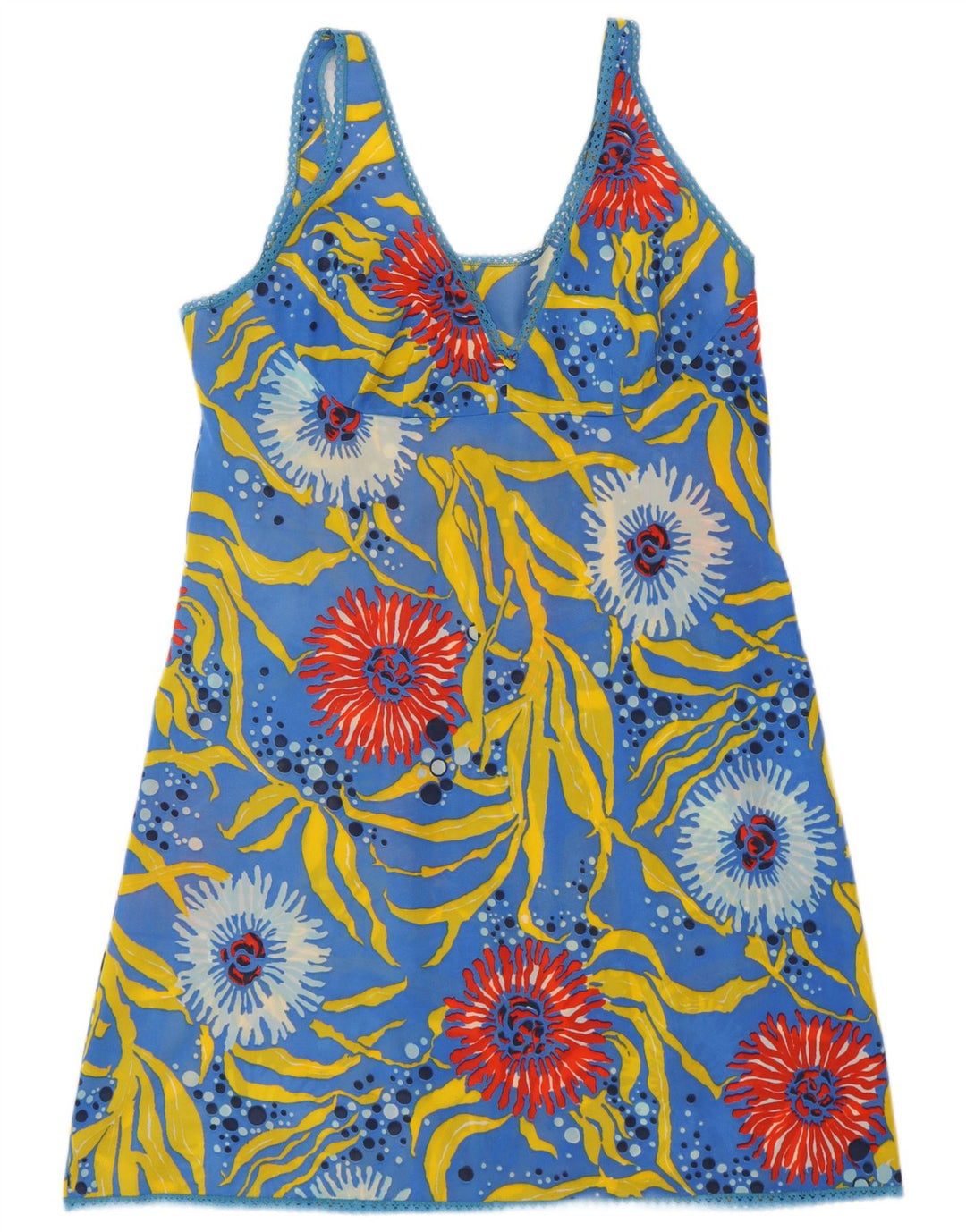 VINTAGE Damen Slip-Kleid mit abstraktem Muster UK 12 Mittelblau