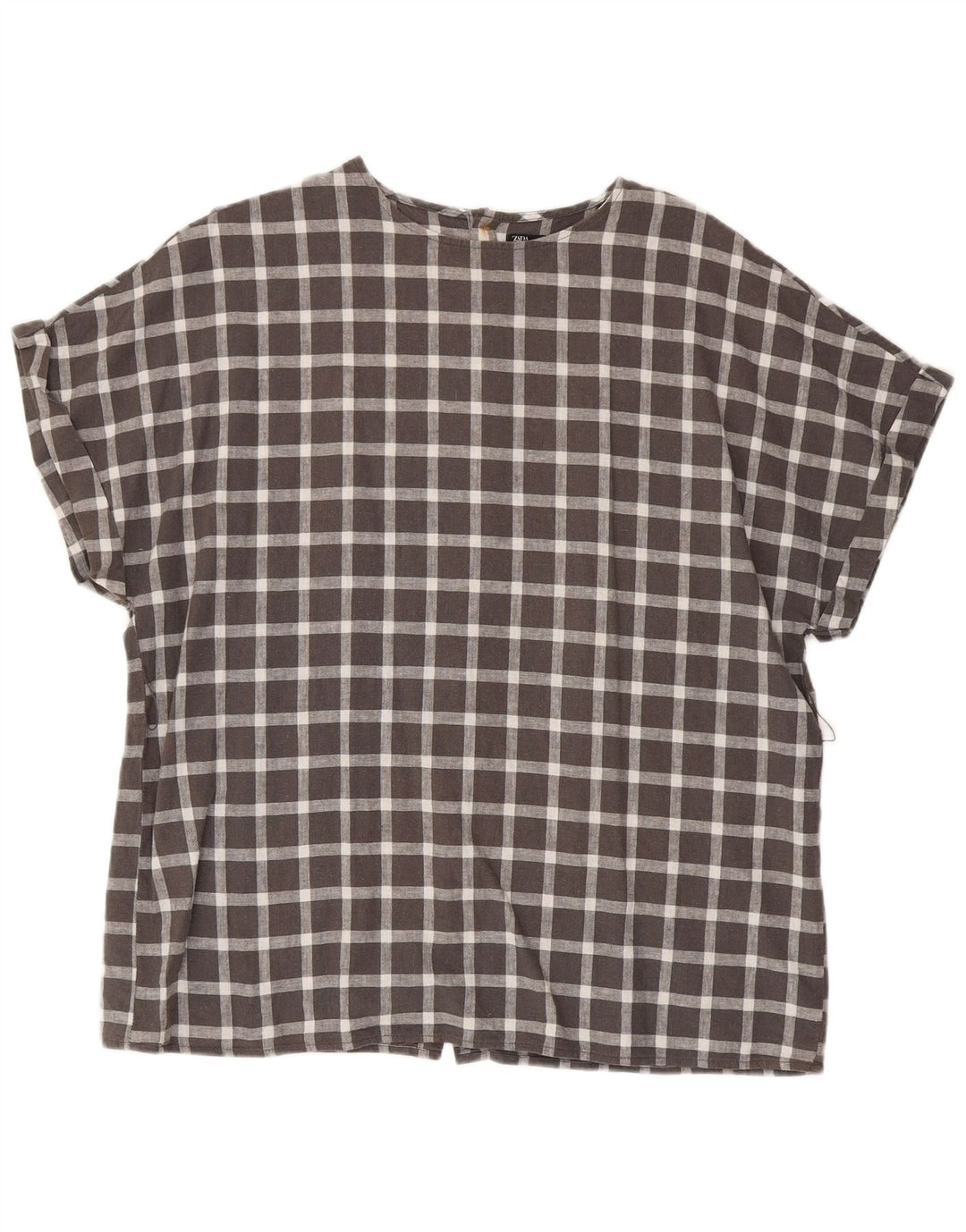 Zara Damen Kurzarm-Oversize-Hemdbluse, UK 14, mittelgrau kariert