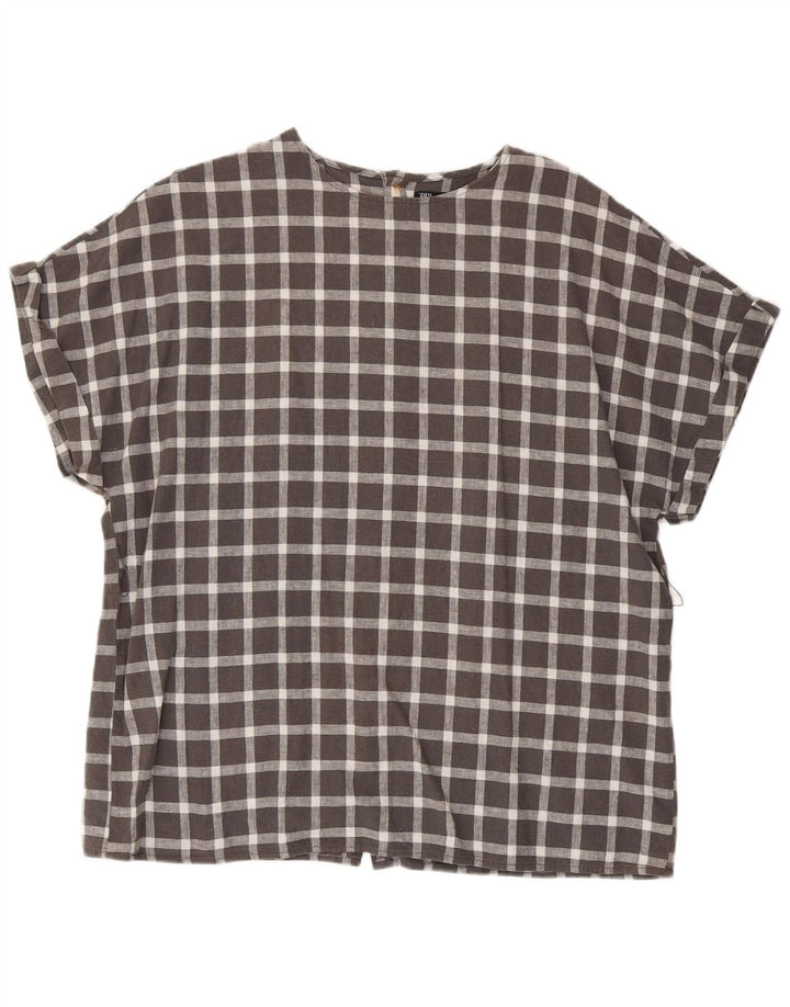 Zara Damen Kurzarm-Oversize-Hemdbluse, UK 14, mittelgrau kariert