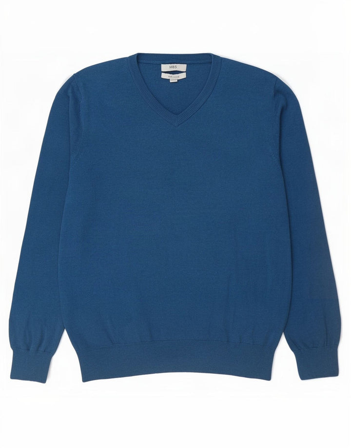 Marks & Spencer Herren-Pullover mit V-Ausschnitt, groß, aus blauer Baumwolle