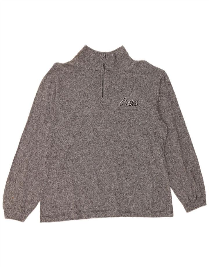 Asics Herren-Pullover mit Reißverschluss am Hals, mittelgrau gefleckte Baumwolle