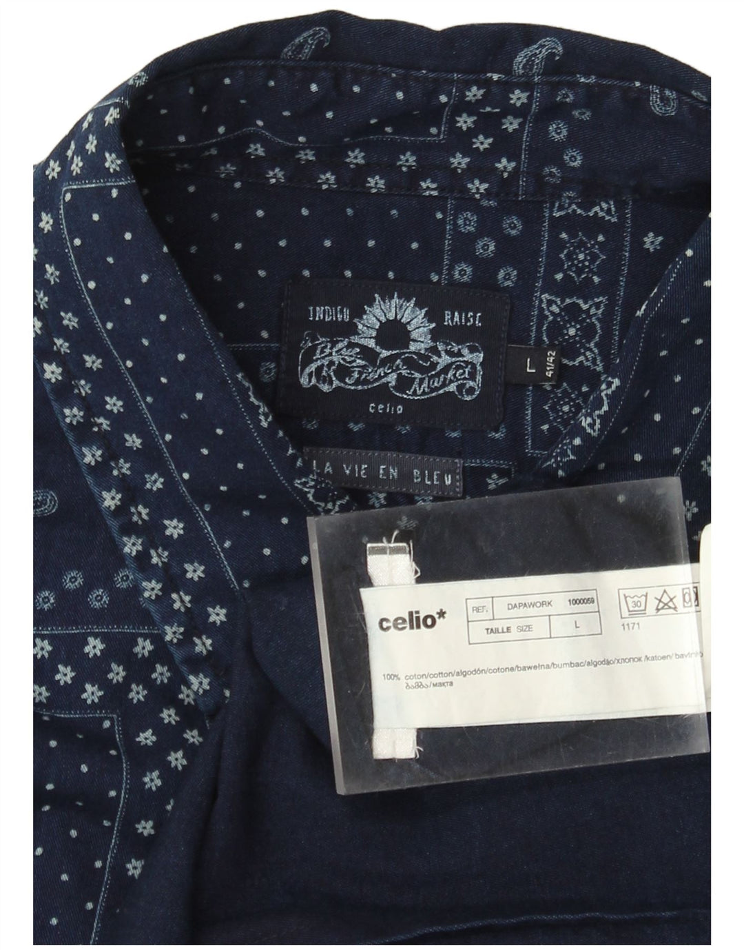 Celio Herren-Indigo-Kurzarmhemd, groß, marineblau, Patchwork-Baumwolle