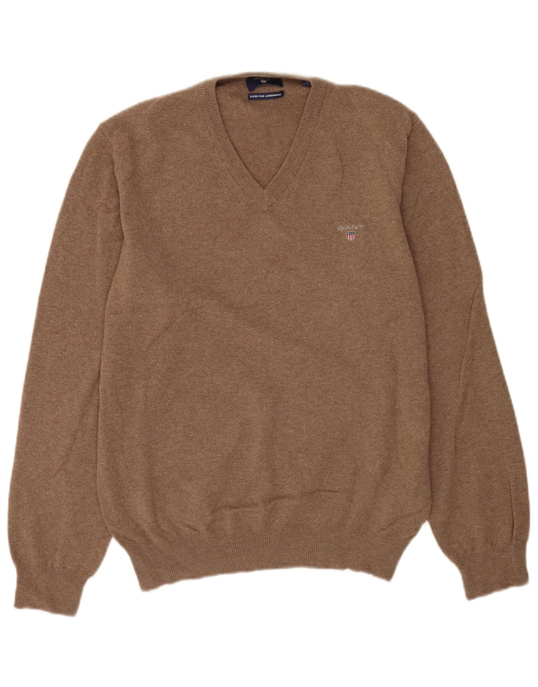 Gant Herren-Pullover mit V-Ausschnitt aus mittelbrauner Lammwolle