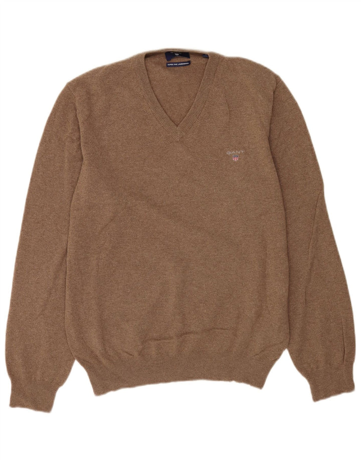Gant Herren-Pullover mit V-Ausschnitt aus mittelbrauner Lammwolle
