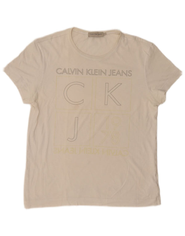 Calvin Klein Jeans Damen Grafik-T-Shirt-Oberteil UK 14 Large Off White Cotton