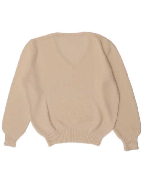 Vintage Damen Regular Fit V-Ausschnitt Pullover Pullover UK 10 Small Weiß Acryl