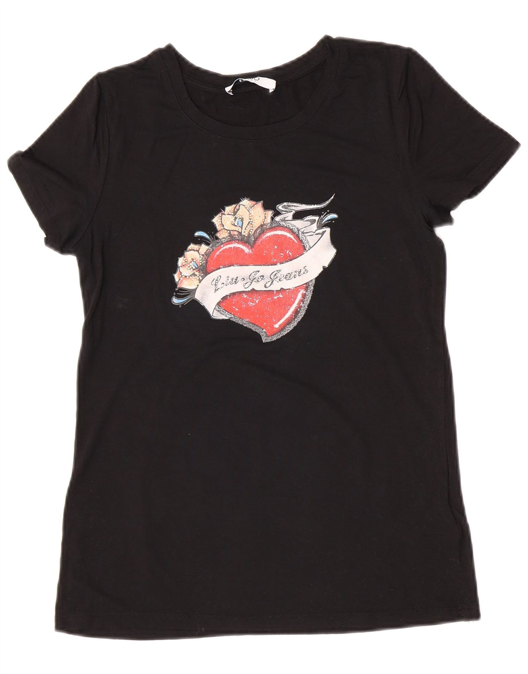 Liu Jo Damen Grafik T-Shirt Top UK 12 Medium Schwarz Viskose