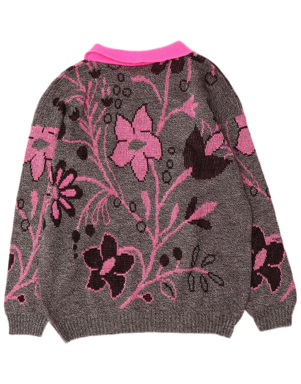 Vintage Womens Graphic Polo Neck Jumper Sweater UK 16 Large Grey Floral