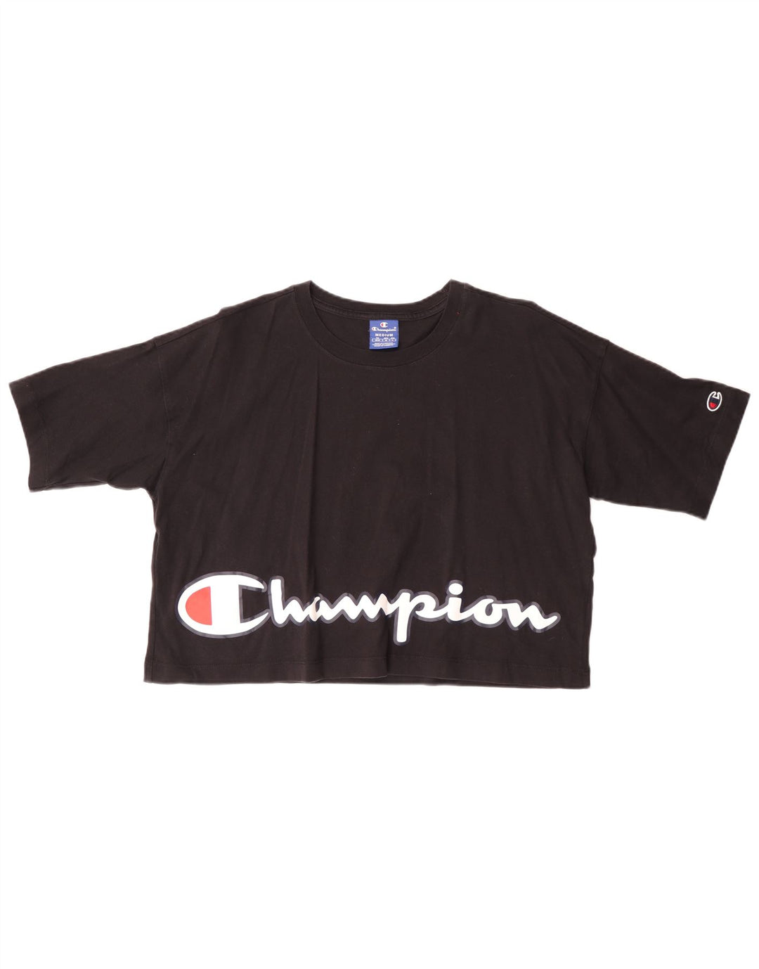 CHAMPION Damen Crop Graphic T-Shirt Top UK 14 Medium Schwarz