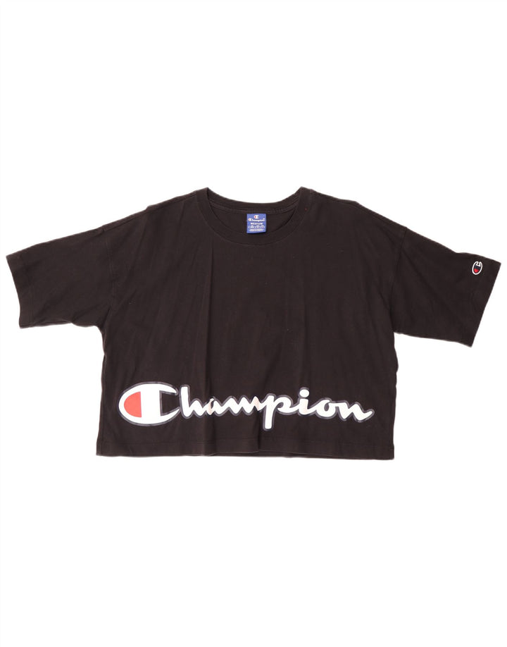 CHAMPION Damen Crop Graphic T-Shirt Top UK 14 Medium Schwarz