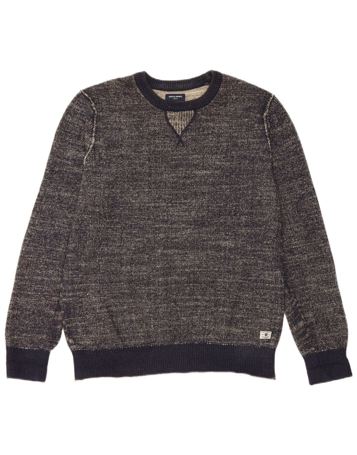 JACK & JONES Herren-Pullover mit Rundhalsausschnitt, mittelmarineblau gesprenkelte Baumwolle