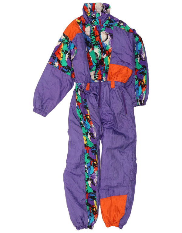 Vintage-Skioverall für Mädchen, 12–13 Jahre, lilafarbenes Colourblock-Polyamid
