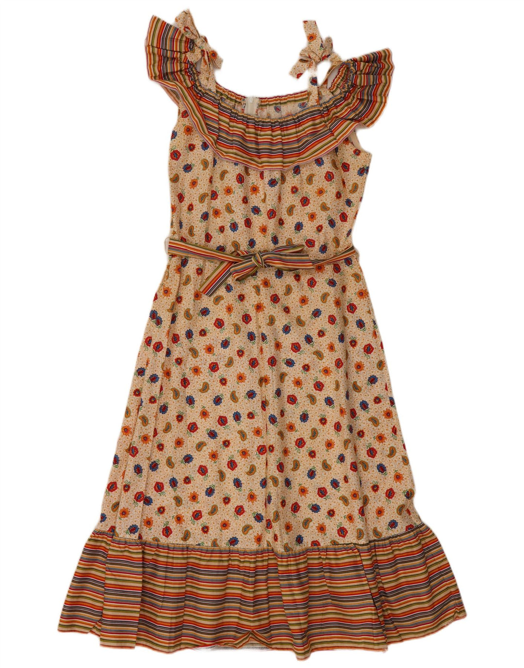 VINTAGE Damen Ärmelloses A-Linien-Kleid EU 36 Kleine beige Paisley-Baumwolle