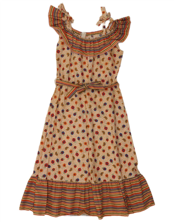 VINTAGE Damen Ärmelloses A-Linien-Kleid EU 36 Kleine beige Paisley-Baumwolle