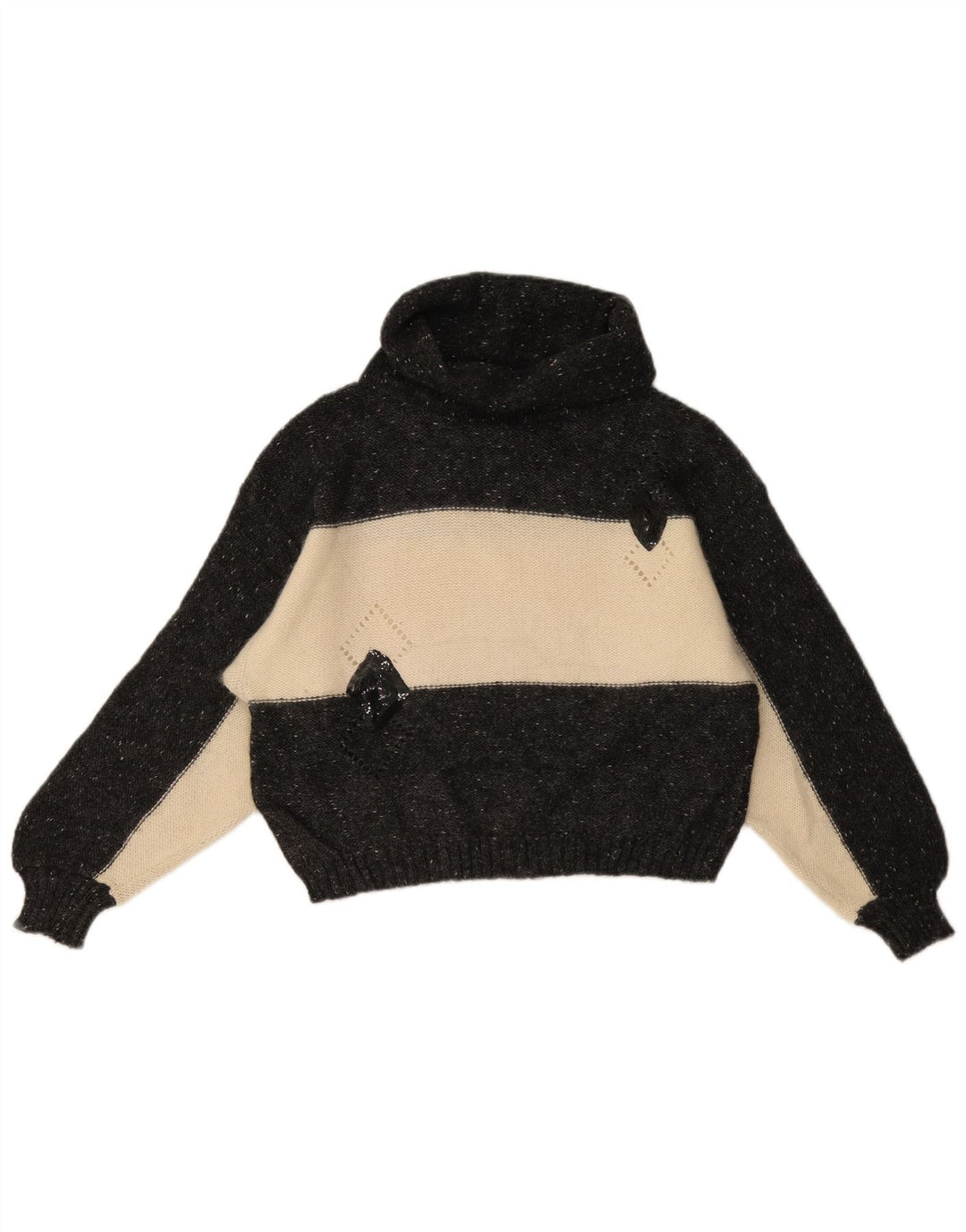 Vintage Damen Rollkragenpullover Pullover UK 14 Mittelschwarze Colourblock-Wolle