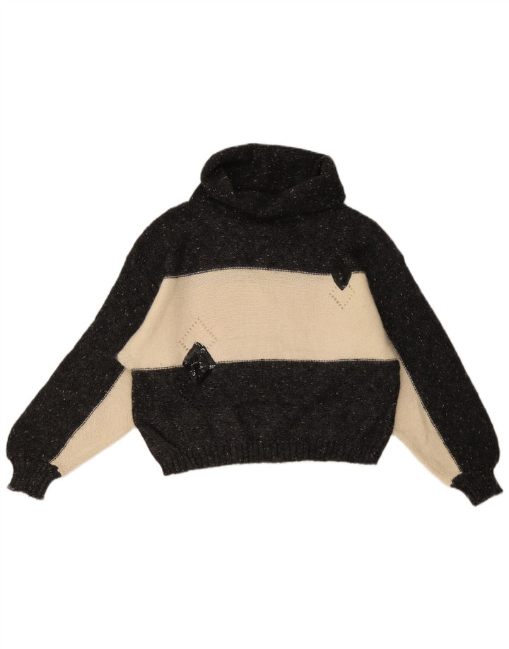 Vintage Damen Rollkragenpullover Pullover UK 14 Mittelschwarze Colourblock-Wolle