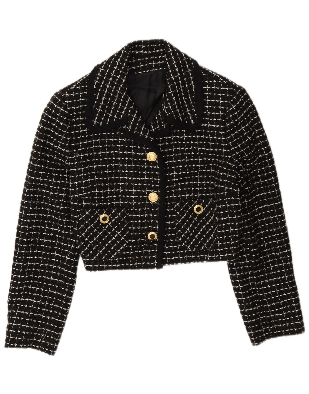 Vintage Damen 3-Knopf-Crop-Blazerjacke IT 42 Mittelschwarz kariert