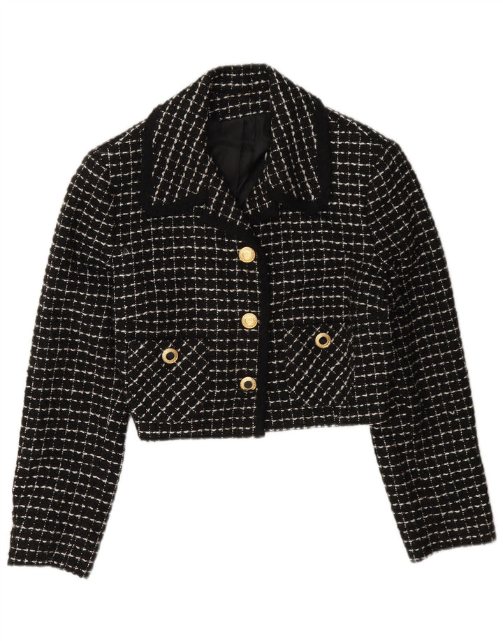 Vintage Damen 3-Knopf-Crop-Blazerjacke IT 42 Mittelschwarz kariert