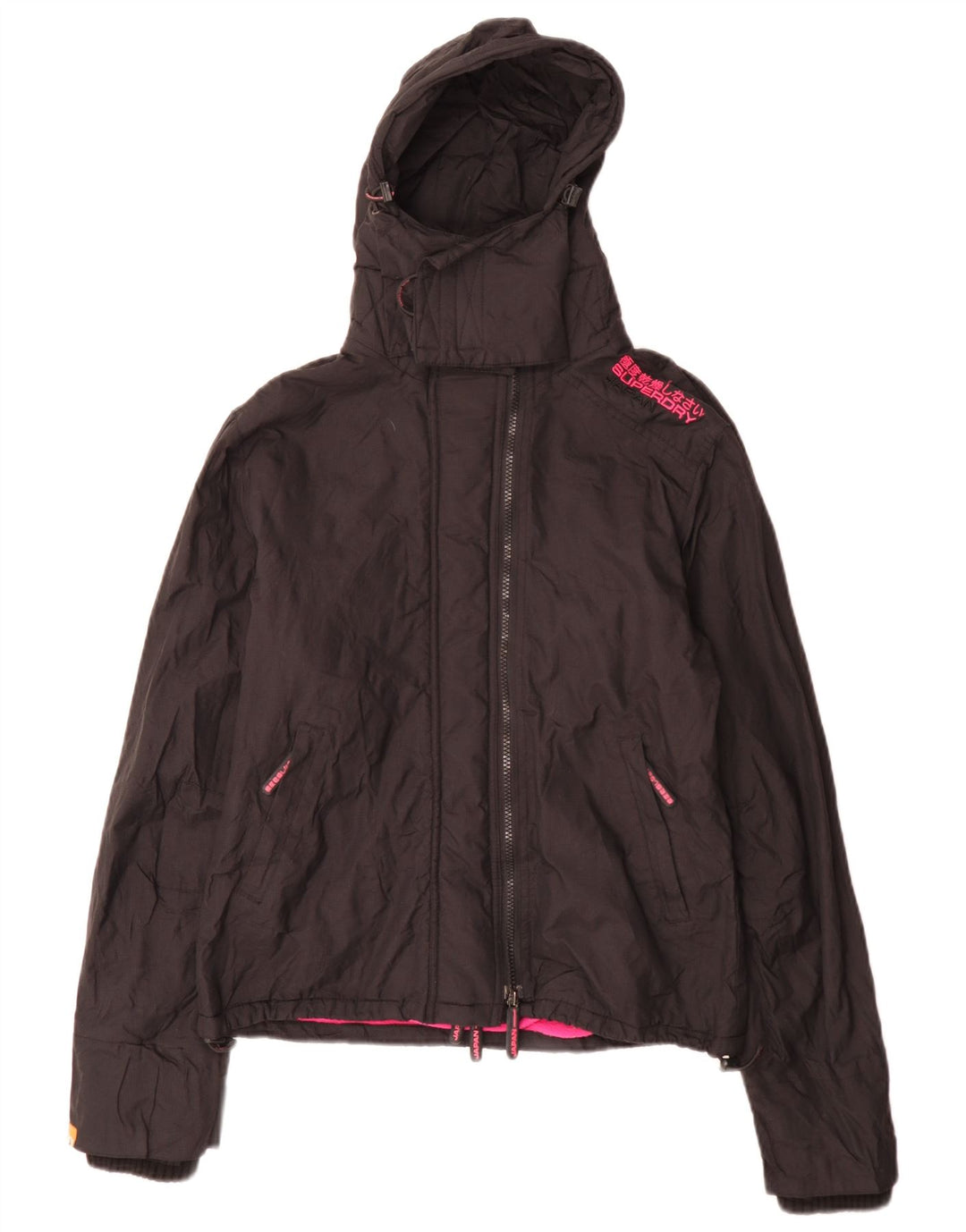 Superdry Damen-Windbreakerjacke mit Kapuze, UK 16, Größe L, schwarzes Nylon