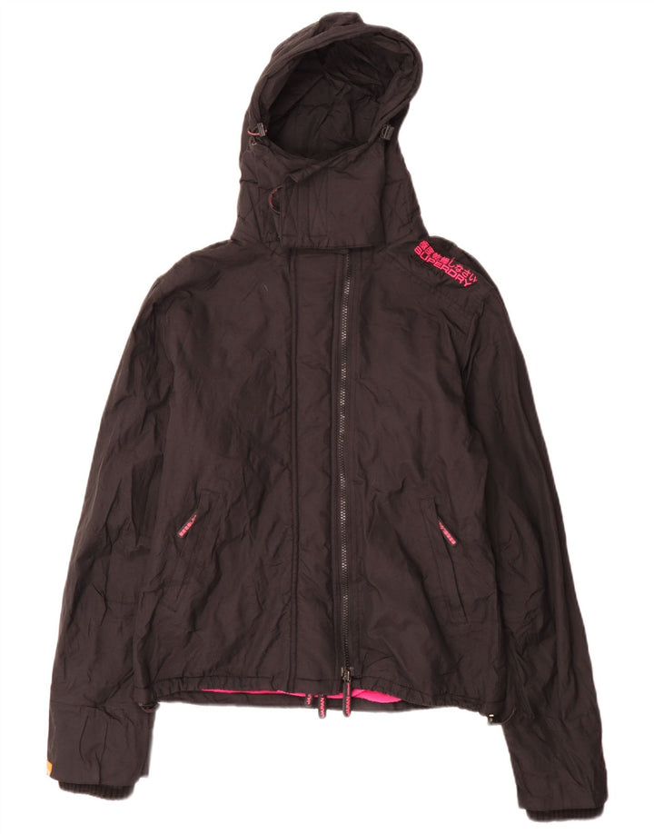 Superdry Damen-Windbreakerjacke mit Kapuze, UK 16, Größe L, schwarzes Nylon